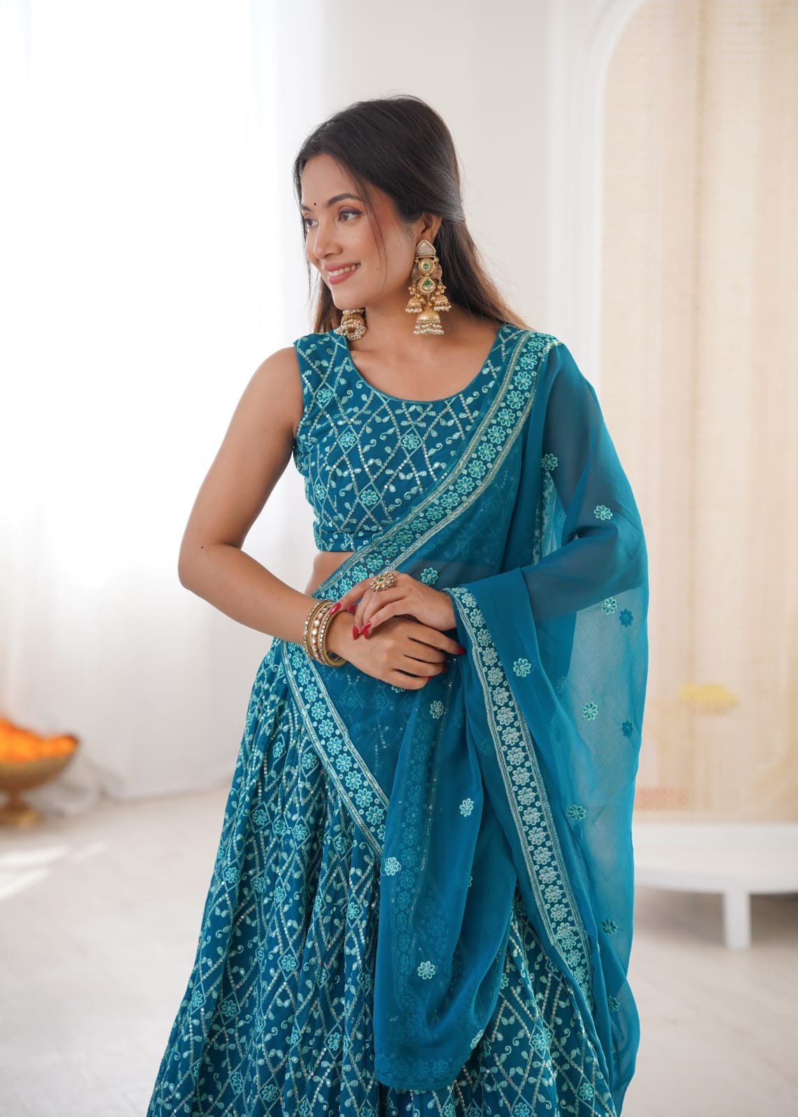 Teal Blue Embroidered Faux Georgette Lehenga With Sequins & Dupatta